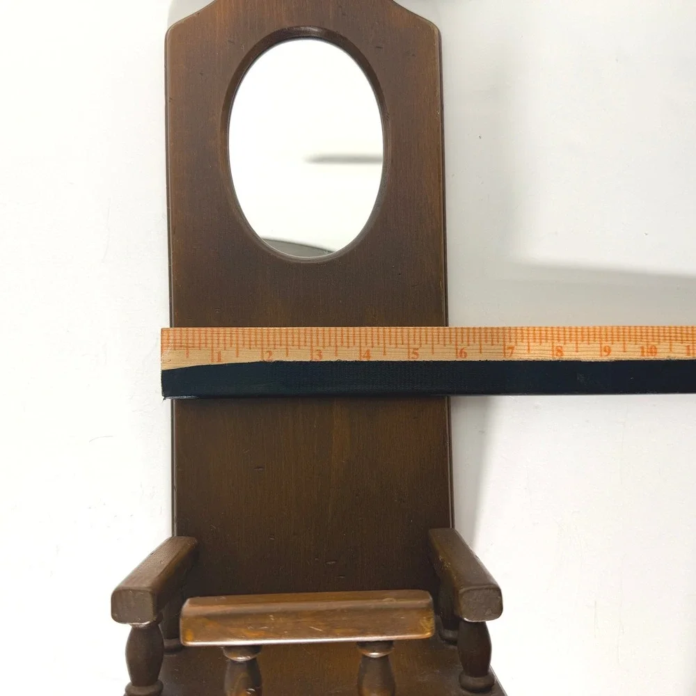 Vintage Early American Wood Wall Mirror Shelf Brown Rustic Farmhouse Home Decor